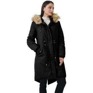 Women's Fluffy Faux Lined Long Sleeve Black Hooded Vest Jacket Coat Winter Warm